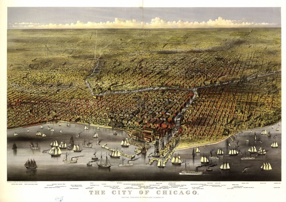 Panoramic etching of Chicago circa 1874.