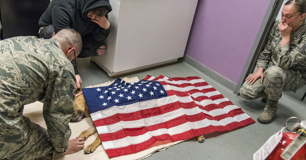 U.S. Air Force/Roland Balik -- Tech. Sgt. Matthew Salter, retired Tech. Sgt. Jason Spangenberg and Staff Sgt. Ashley Beattie grieve over the U.S. flag-draped body of MWD Rico.