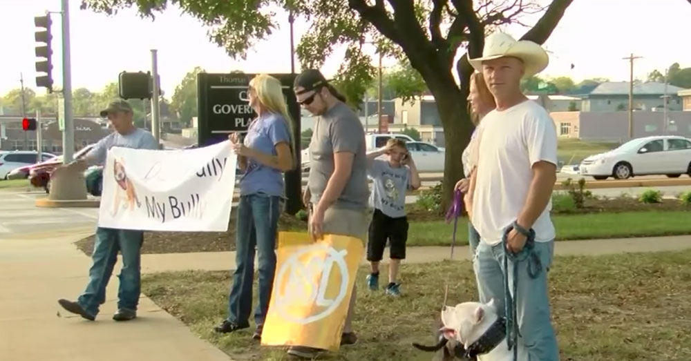 Source: YouTube/KOLR10 News Pit Bull owners and advocates protest the breed ban.