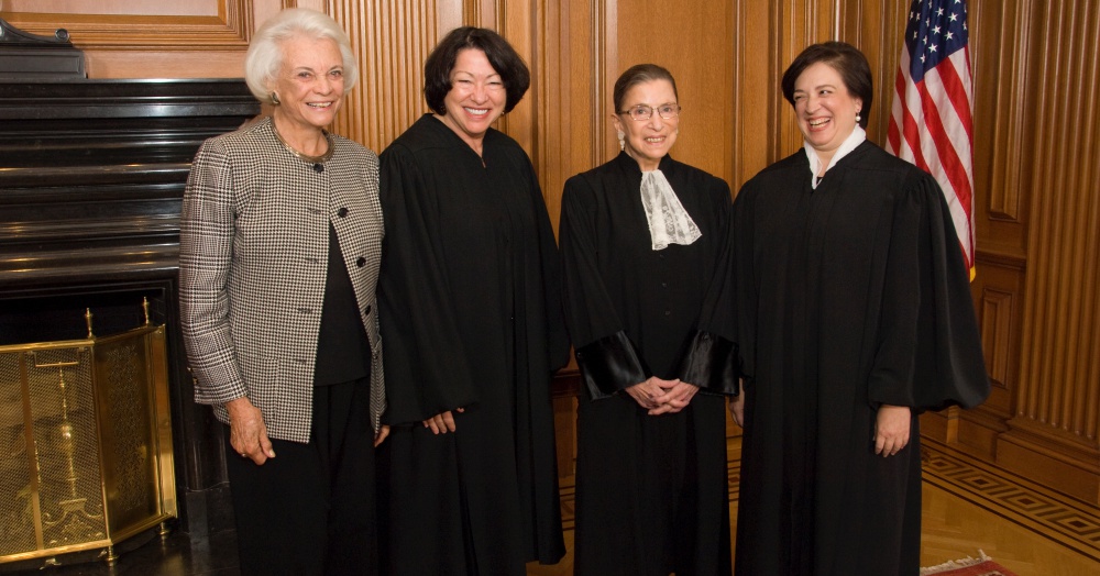 Photo: Wikimedia Commons/Steve Petteway From left to right: Justice Sandra Day O’Connor, (Ret.), Justice Sonia Sotomayor, Justice Ruth Bader Ginsburg & Justice Elena Kagan in the Justices’ Conference Room prior to Justice Kagan’s Investiture.