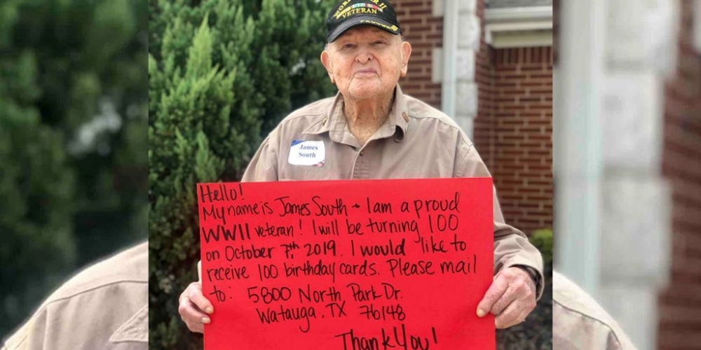 James South holding sign that he wants people to send him birthday cards