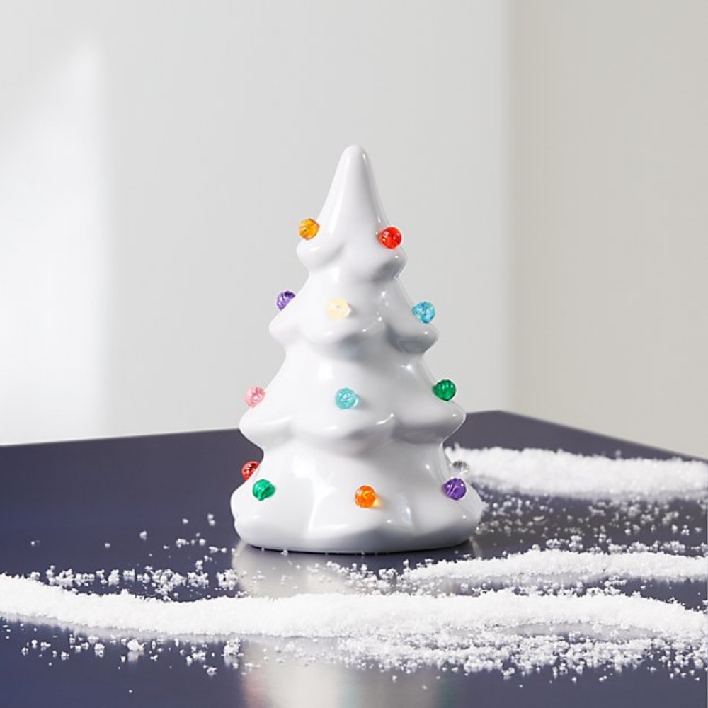 white colorful ceramic christmas tree from crate and barrel