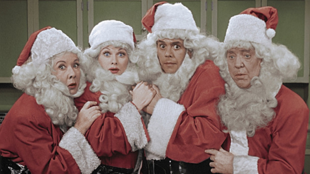 cast in Santa suits on colorized I Love Lucy Christmas Special