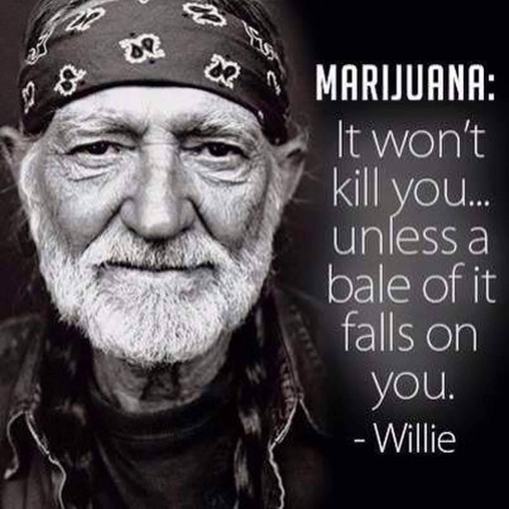 Willie Nelson's famous joke about marijuana- that it won't kill you unless a bale of it falls on you.
