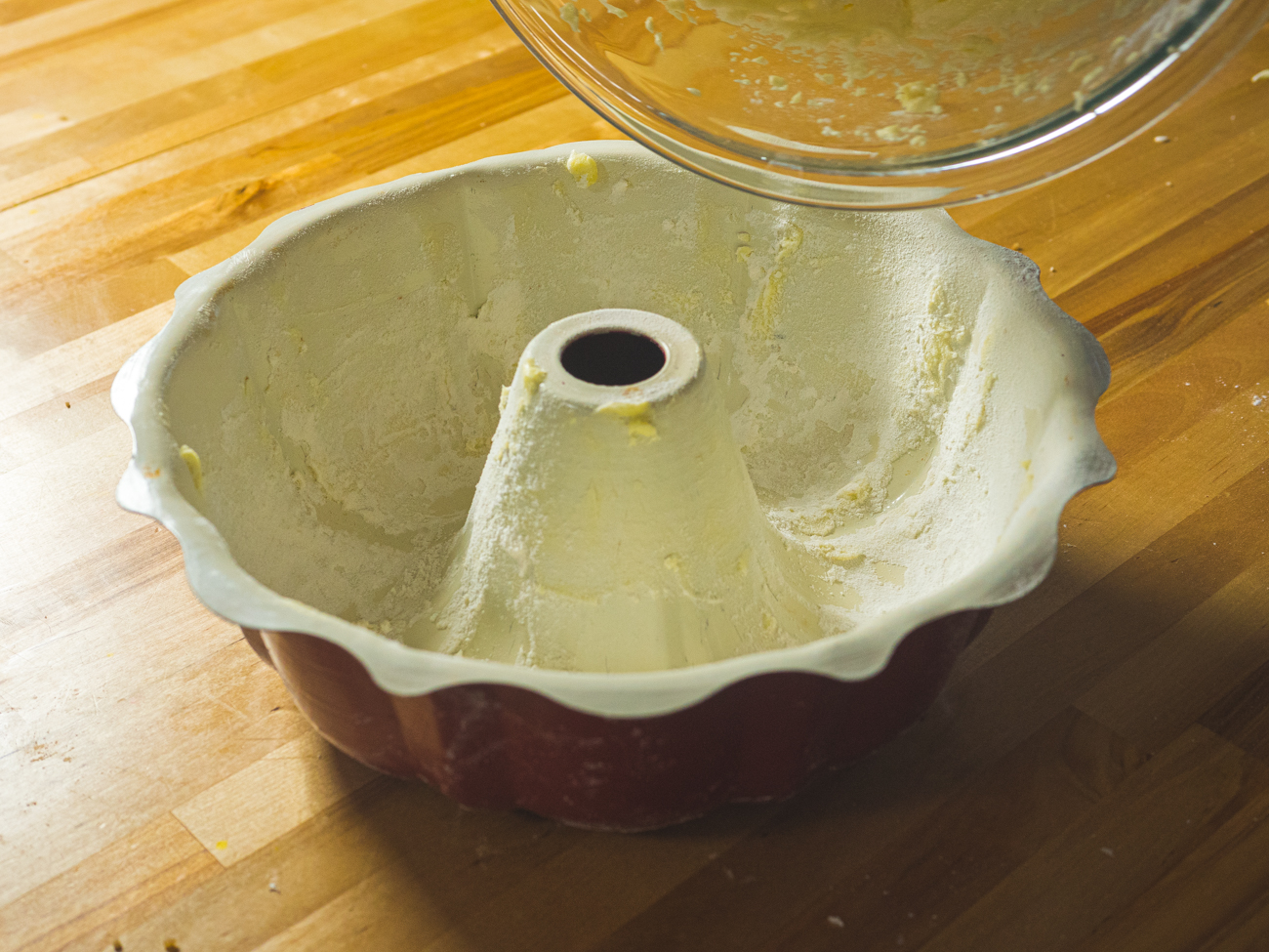 buttering and flouring a bundt pan
