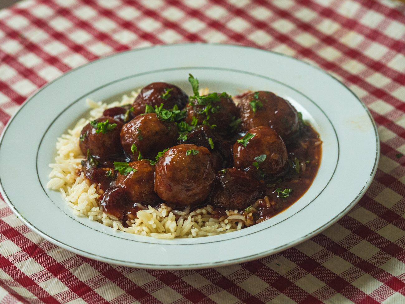 Slow Cooker Chipotle Meatballs  served over rice