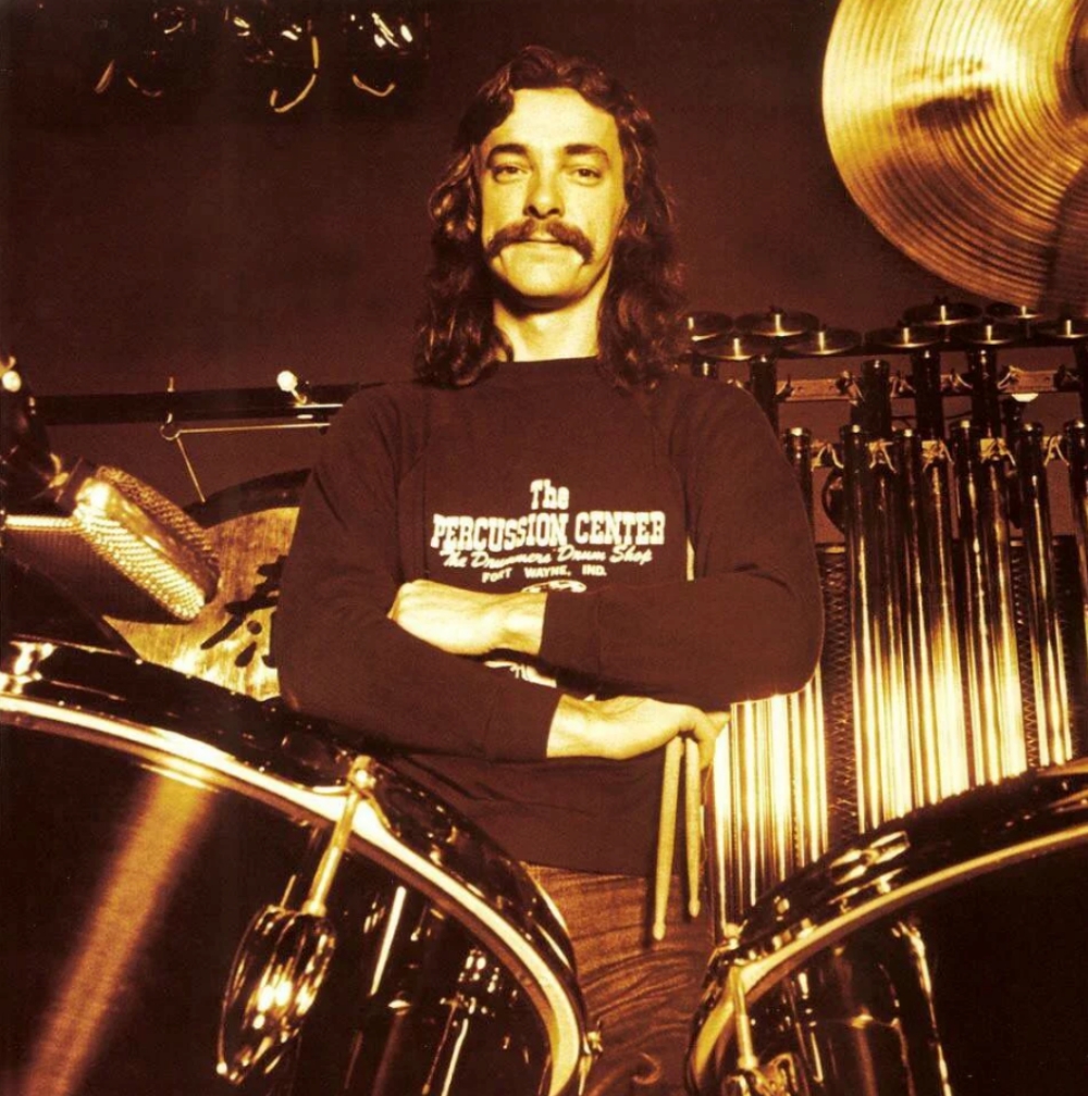 Neil Peart with drum set in the 1970s