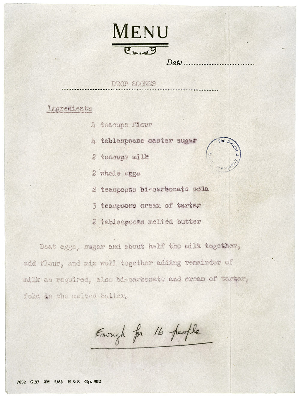 Queen Elizabeth II's Drop Scone recipe as typed out and sent to President Eisenhower in 1960