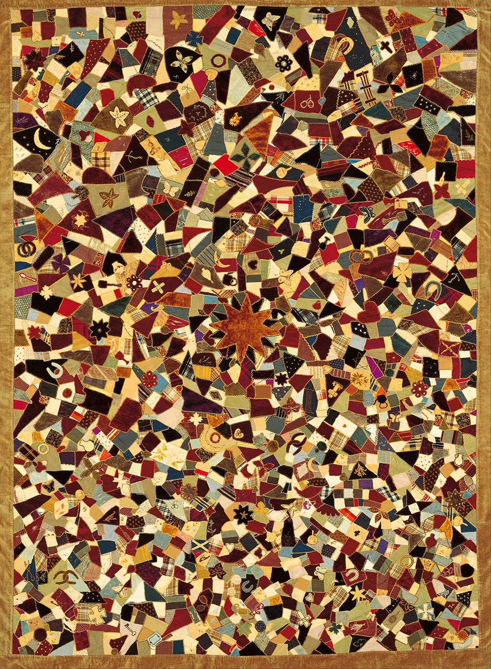 crazy quilt from early 1900s featuring a variety of complicated shapes
