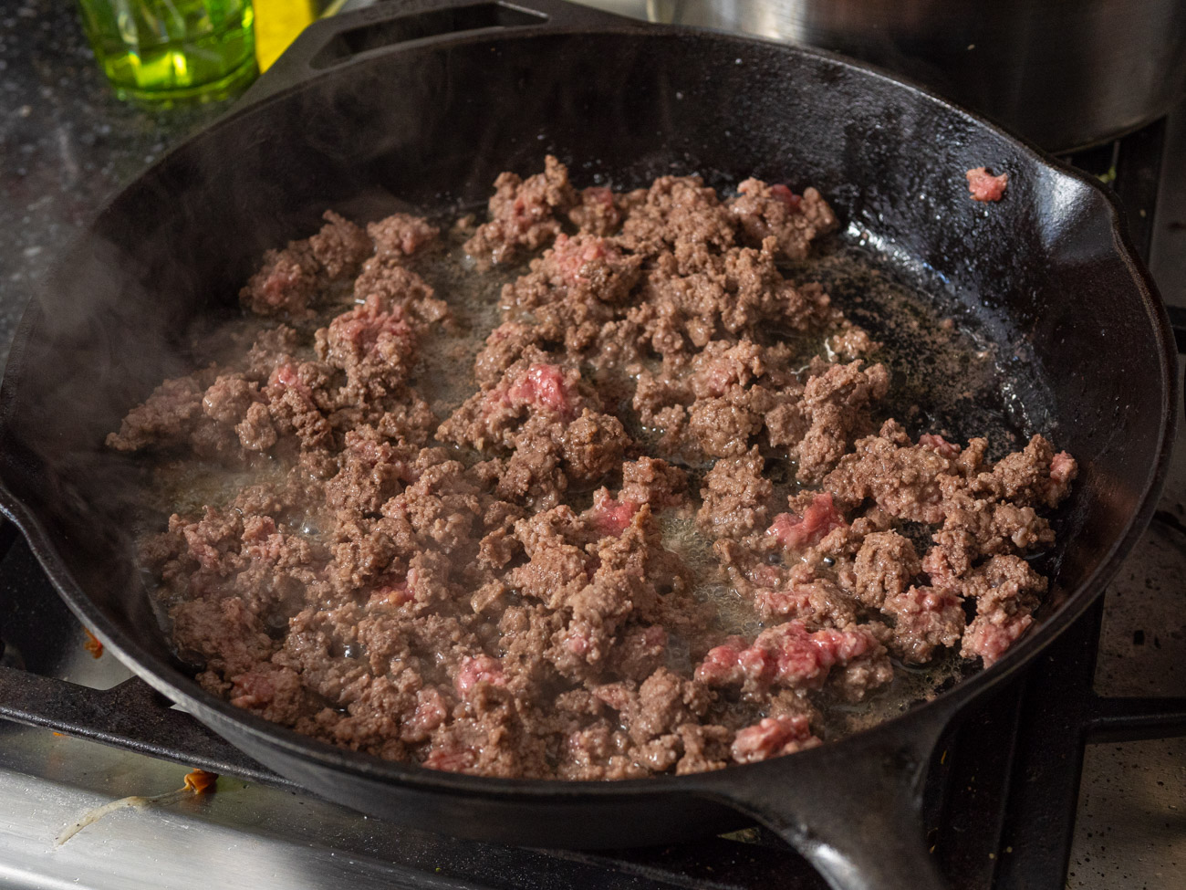 browned beef in a skillet