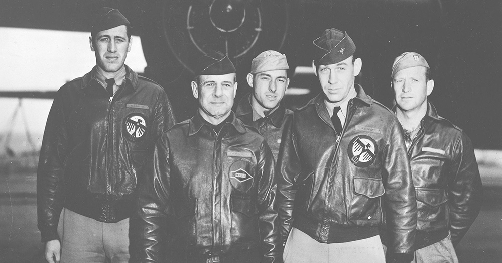 Crew No. 1 in front of B-25#40-2344 on the deck of Hornet, 18 April 1942. From left to right: (front row) Lt. Col. Jimmy Doolittle, pilot; Lt. Richard E. Cole, copilot; (back row) Lt. Henry A. Potter, navigator; SSgt. Fred A. Braemer, bombardier; SSgt. Paul J. Leonard, flight engineer/gunner.