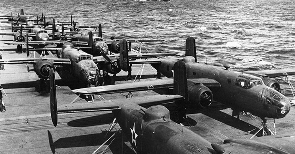 B-25Bs on USS Hornet en route to Japan.