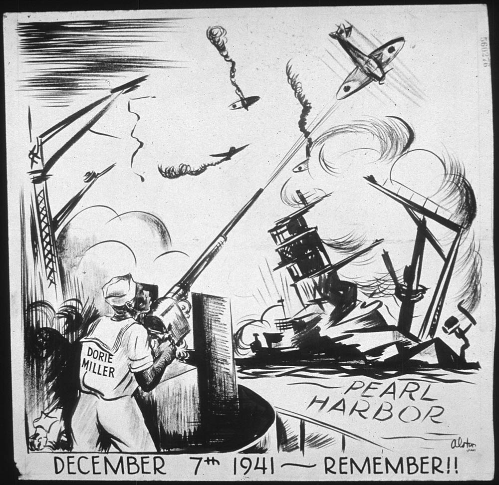An illustration from the New York Times shows Dorie Miller jumping into action.