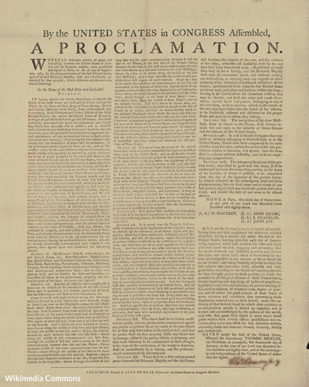 1784 Proclamation of the ratification of the Treaty of Paris by the US Congress in Annapolis, Maryland.